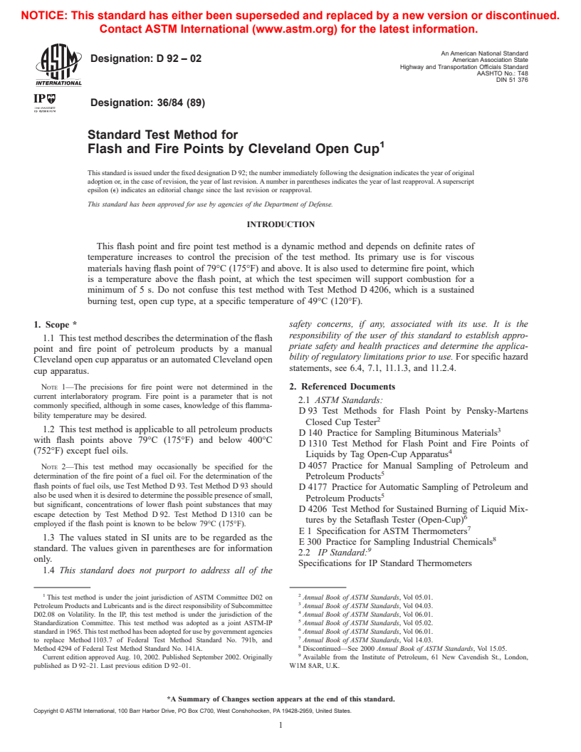 ASTM D92-02 - Standard Test Method for Flash and Fire Points by Cleveland Open Cup