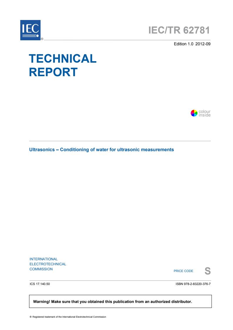 IEC TR 62781:2012 - Ultrasonics - Conditioning of water for ultrasonic measurements