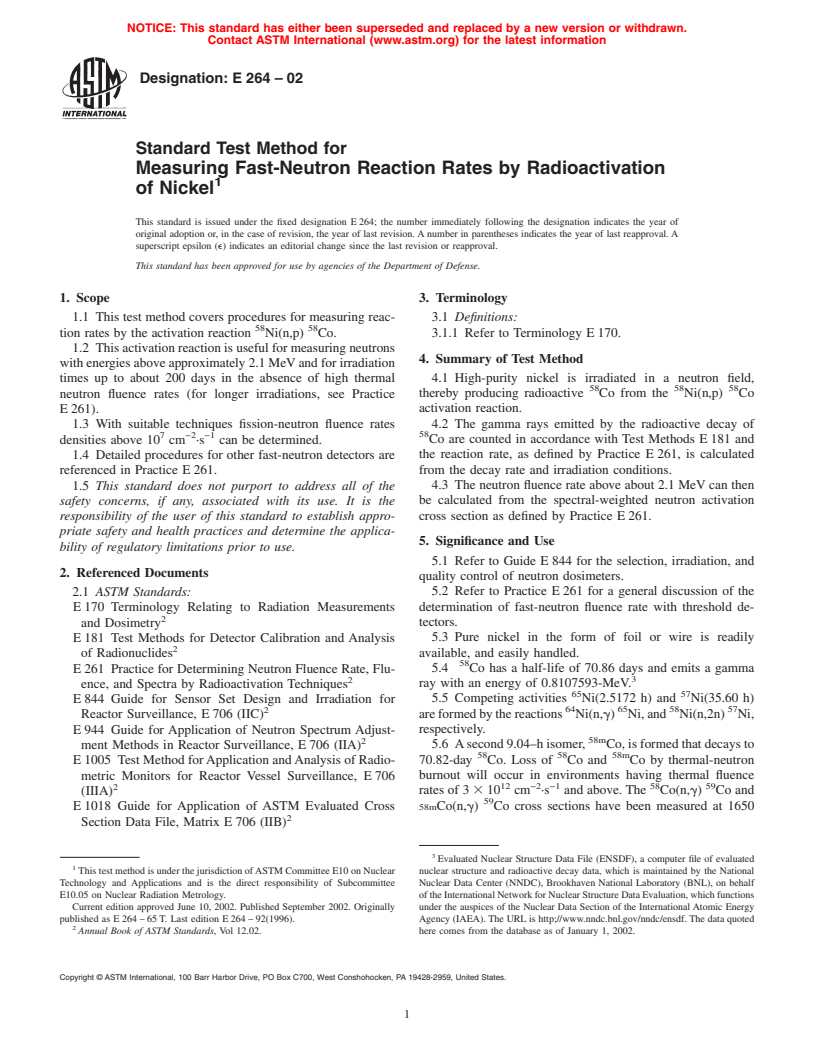 ASTM E264-02 - Standard Test Method for Measuring Fast-Neutron Reaction Rates by Radioactivation of Nickel