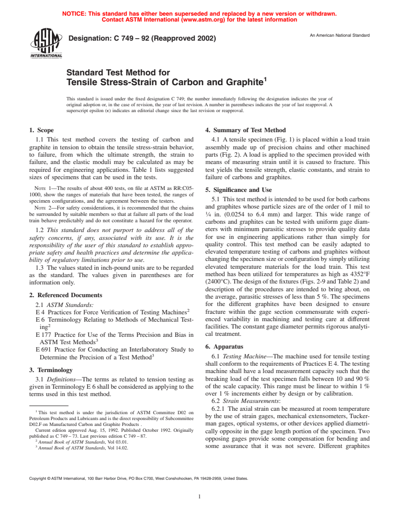 ASTM C749-92(2002) - Standard Test Method for Tensile Stress-Strain of Carbon and Graphite