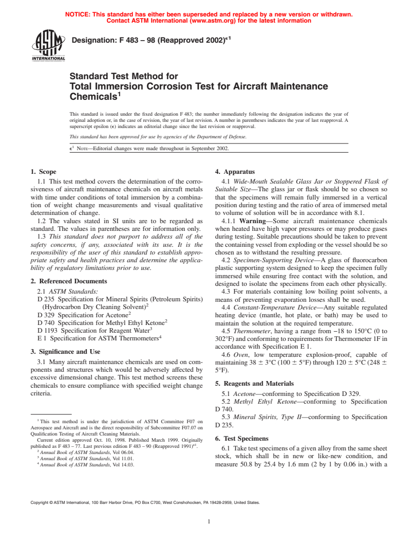 ASTM F483-98(2002)e1 - Standard Test Method for Total Immersion Corrosion Test for Aircraft Maintenance Chemicals