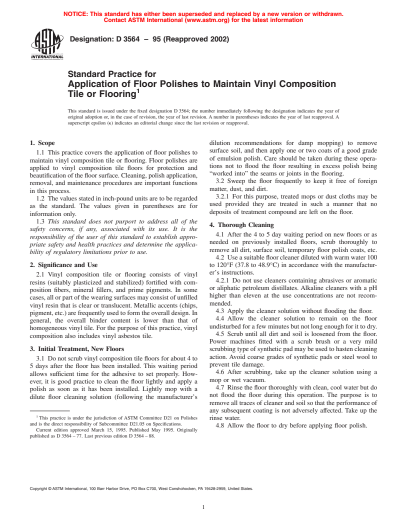 ASTM D3564-95(2002) - Standard Practice for Application of Floor Polishes to Maintain Vinyl Composition Tile or Flooring