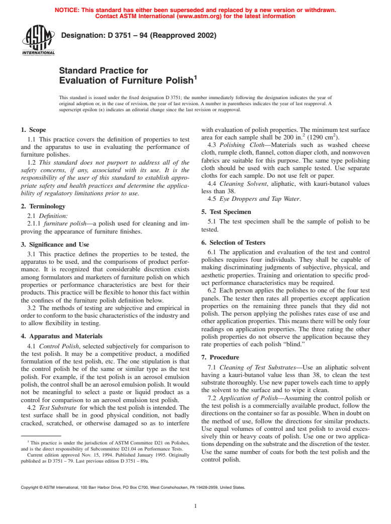 ASTM D3751-94(2002) - Standard Practice for Evaluation of Furniture Polish