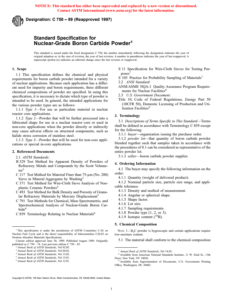 ASTM C750-89(1997) - Standard Specification for Nuclear-Grade Boron Carbide Powder