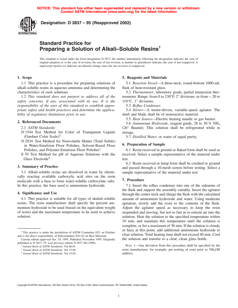 ASTM D3837-95(2002) - Standard Practice for Preparing a Solution of Alkali-Soluble Resins