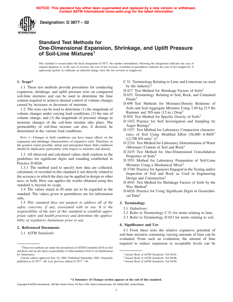 ASTM D3877-02 - Standard Test Methods for One-Dimensional Expansion, Shrinkage, and Uplift Pressure of Soil-Lime Mixtures