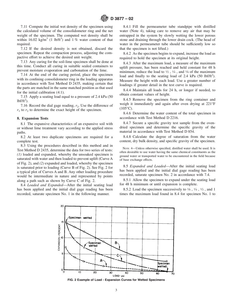 ASTM D3877-02 - Standard Test Methods for One-Dimensional Expansion, Shrinkage, and Uplift Pressure of Soil-Lime Mixtures