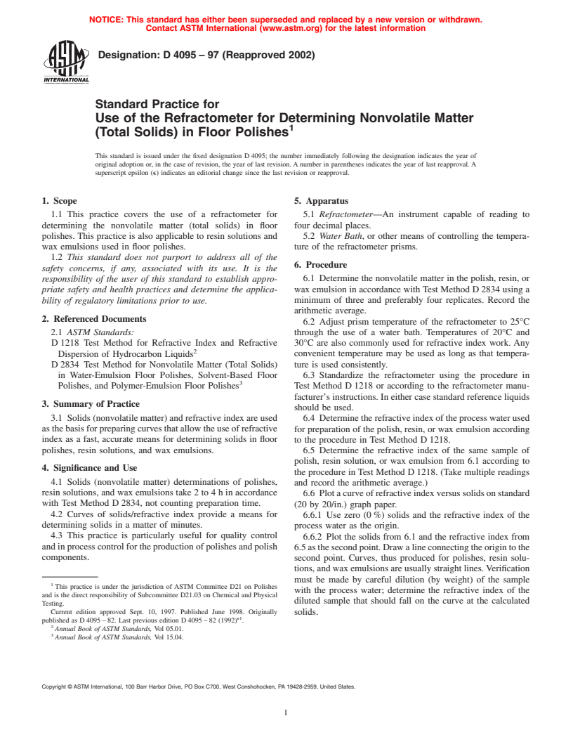 ASTM D4095-97(2002) - Standard Practice for Use of the Refractometer for Determining Nonvolatile Matter (Total Solids) in Floor Polishes