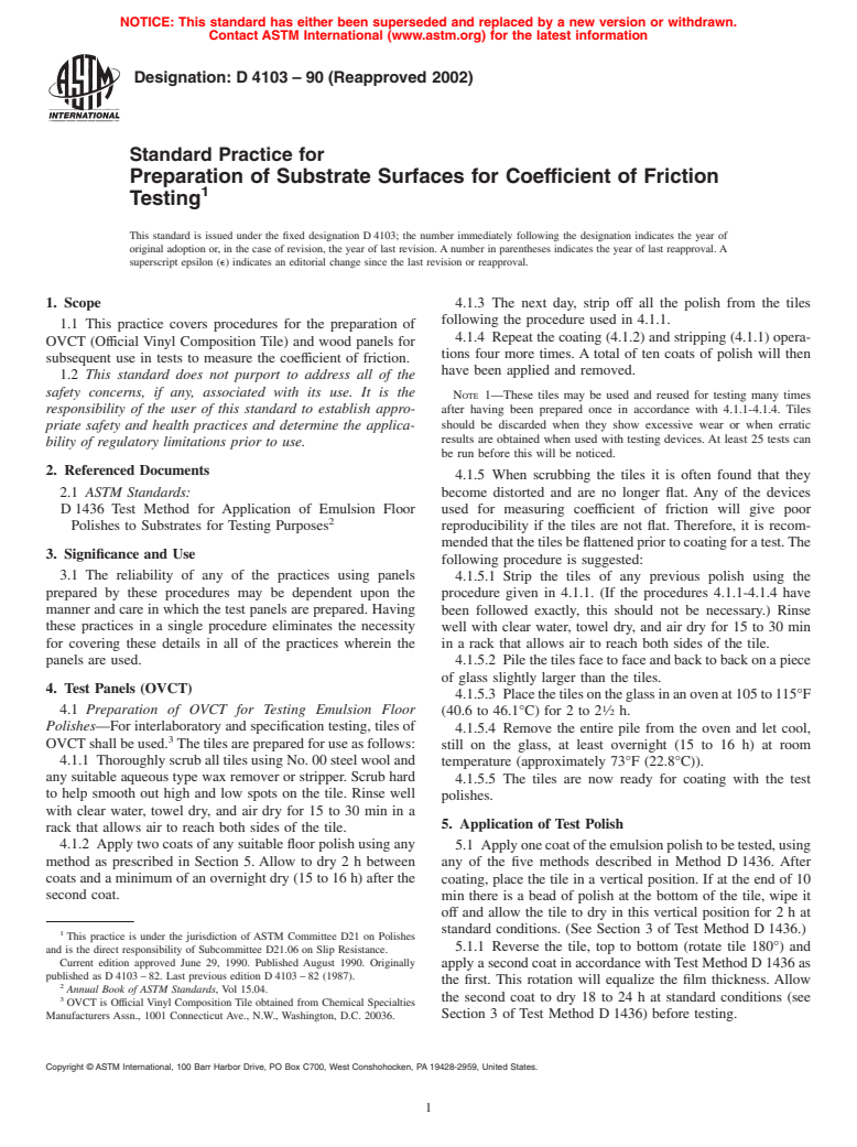 ASTM D4103-90(2002) - Standard Practice for Preparation of Substrate Surfaces for Coefficient of Friction Testing