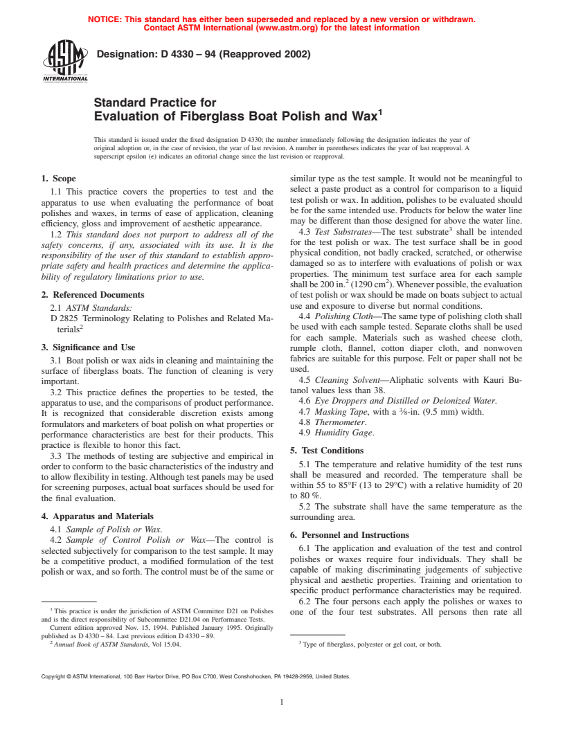 ASTM D4330-94(2002) - Standard Practice for Evaluation of Fiberglass Boat Polish and Wax