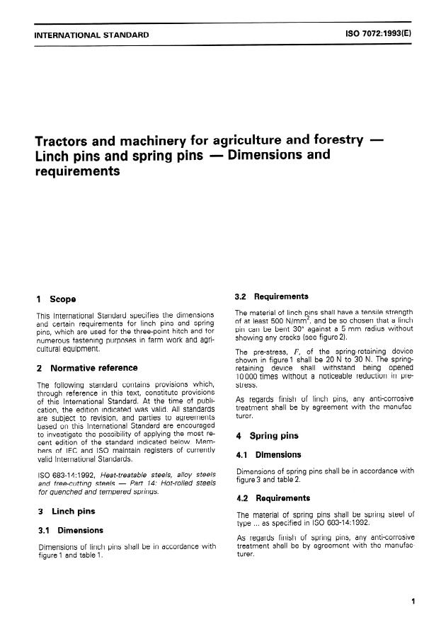 ISO 7072:1993 - Tractors and machinery for agriculture and forestry -- Linch pins and spring pins -- Dimensions and requirements