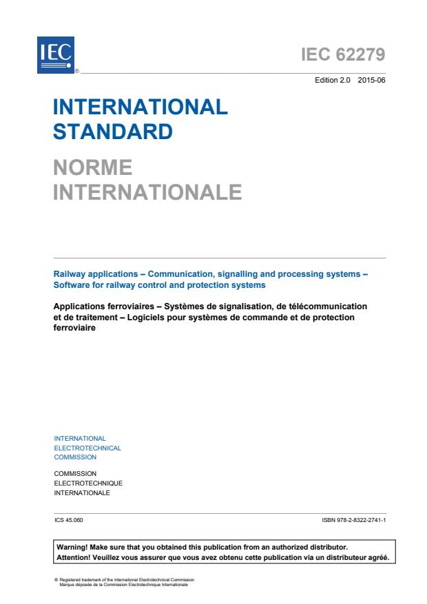 IEC 62279:2015 - Railway applications - Communication, signalling and processing  systems - Software for railway control and protection systems