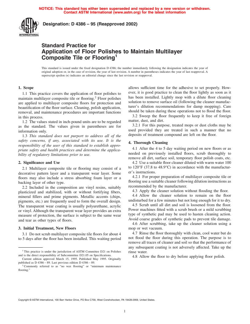 ASTM D4386-95(2002) - Standard Practice for Application of Floor Polishes to Maintain Multilayer Composite Tile or Flooring