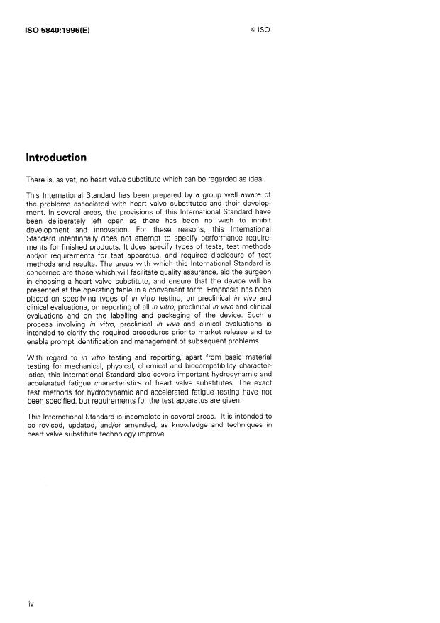 ISO 5840:1996 ISO 5840:1996 - Cardiovascular implants -- Cardiac valve prostheses - Page 4 preview