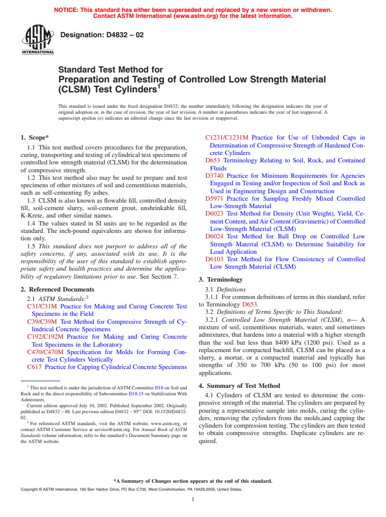 ASTM D4832-02 - Standard Test Method for Preparation and Testing of Controlled Low Strength Material (CLSM) Test Cylinders
