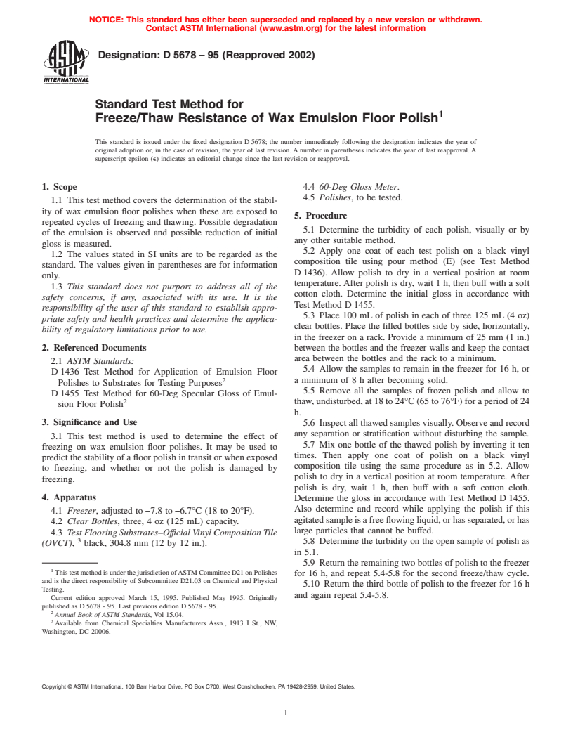 ASTM D5678-95(2002) - Standard Test Method for Freeze/Thaw Resistance of Wax Emulsion Floor Polish