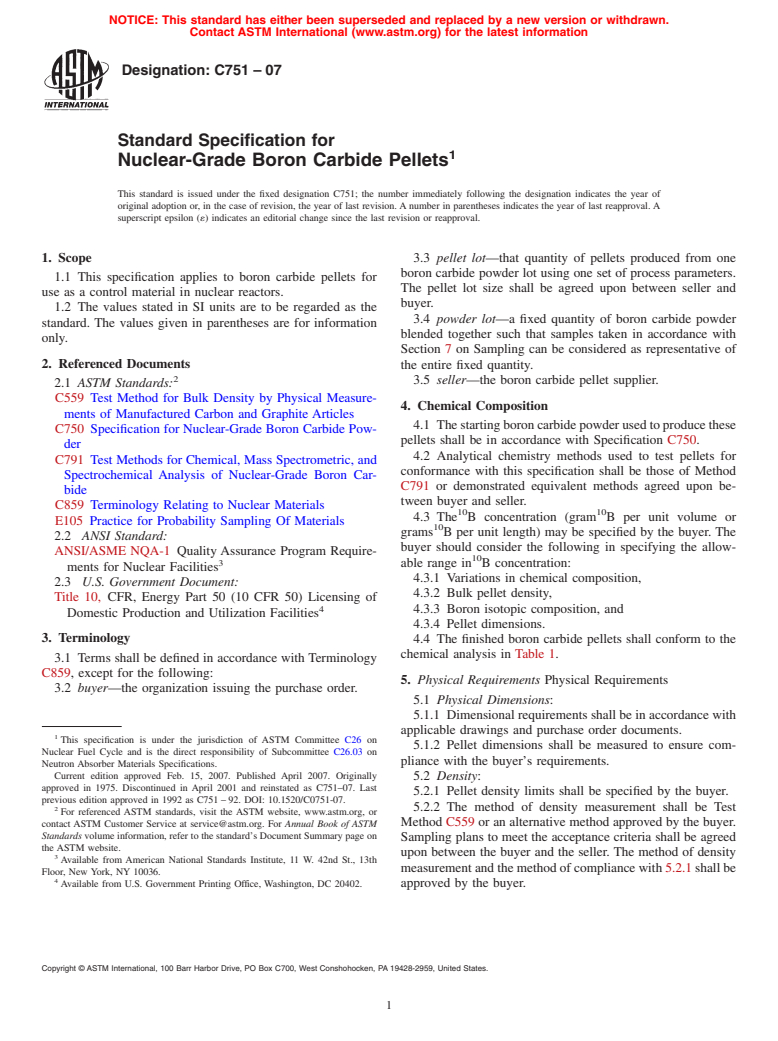 ASTM C751-07 - Standard Specification for Nuclear-Grade Boron Carbide Pellets