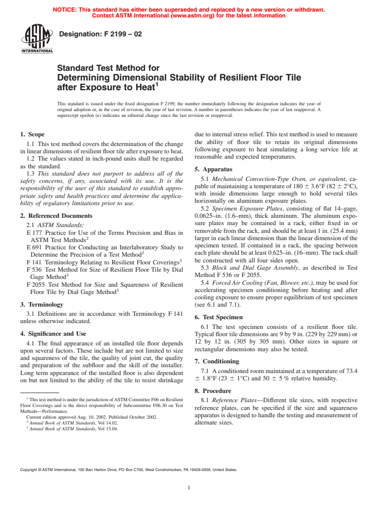 ASTM F2199-02 - Standard Test Method for Determining Dimensional Stability of Resilient Floor Tile after Exposure to Heat