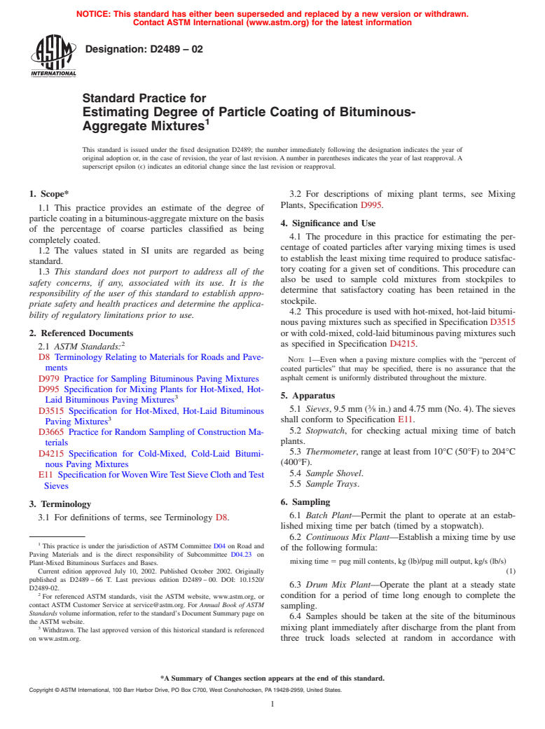 ASTM D2489-02 - Standard Practice for Estimating Degree of Particle Coating of Bituminous-Aggregate Mixtures