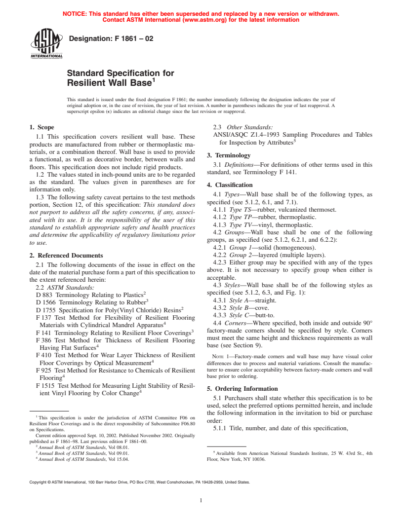 ASTM F1861-02 - Standard Specification for Resilient Wall Base