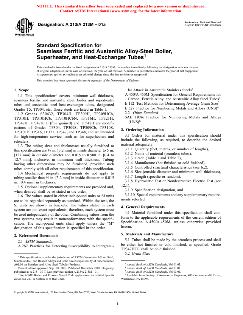 ASTM A213/A213M-01a - Standard Specification for Seamless Ferritic and Austenitic Alloy-Steel Boiler, Superheater, and Heat-Exchanger Tubes