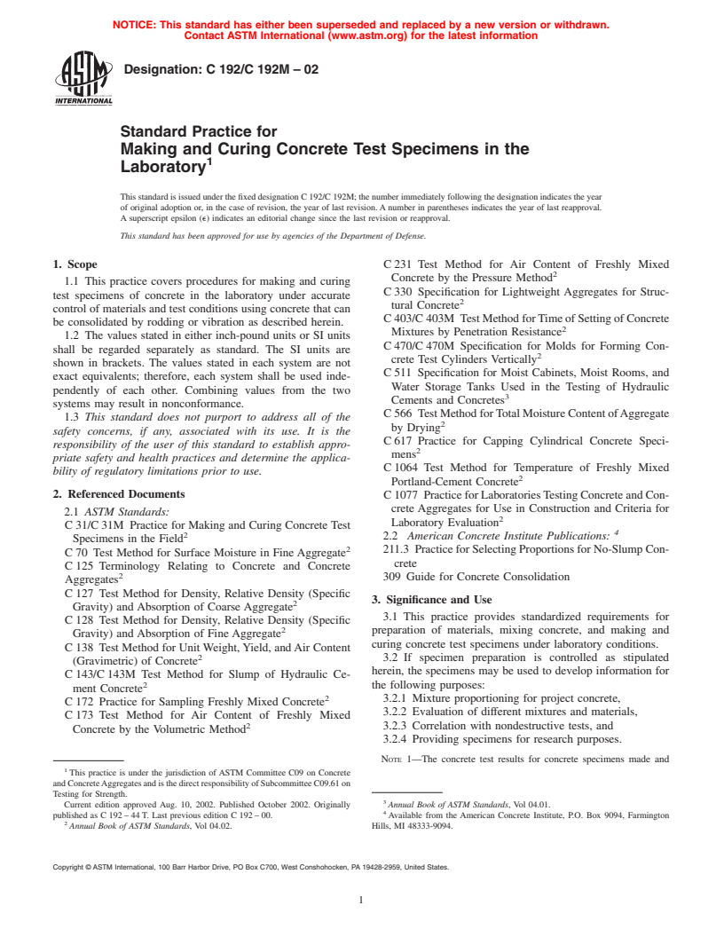 ASTM C192/C192M-02 - Standard Practice for Making and Curing Concrete Test Specimens in the Laboratory