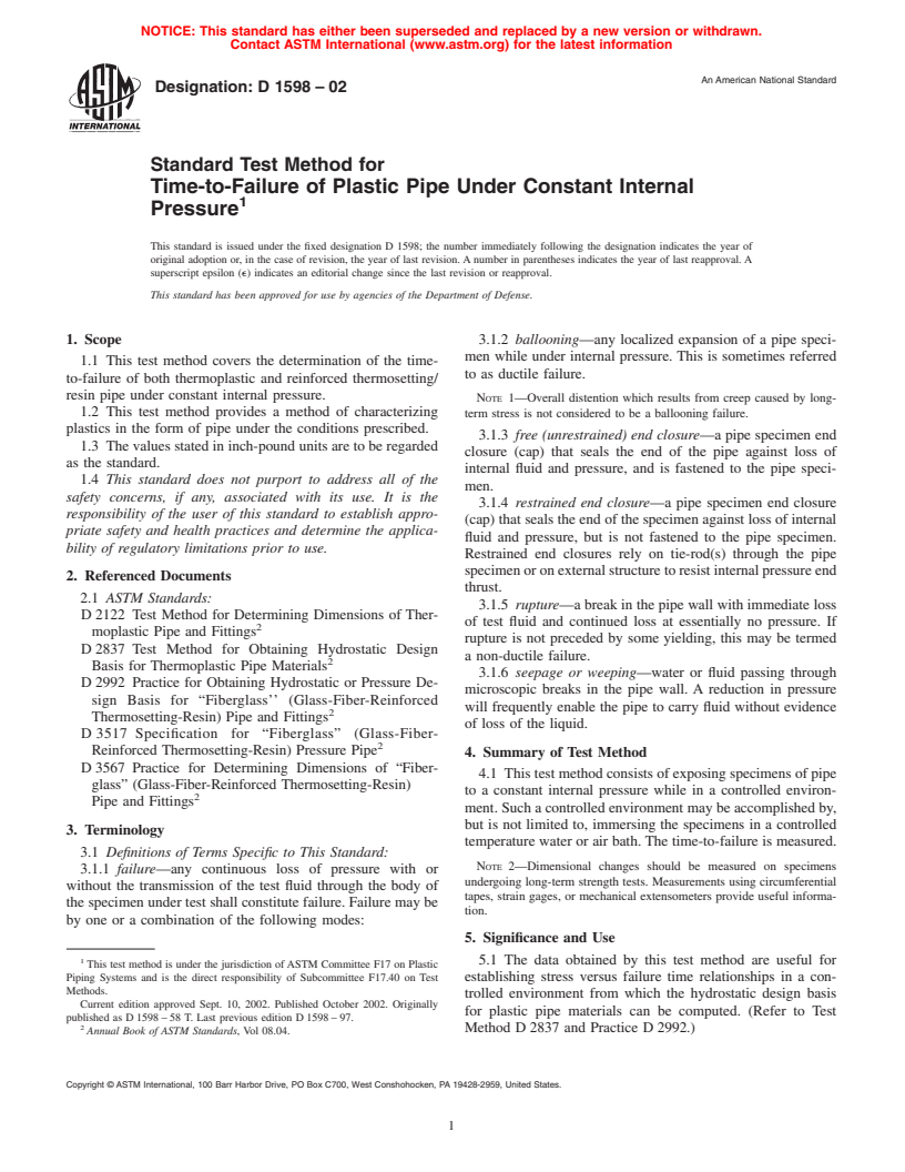 ASTM D1598-02 - Standard Test Method for Time-to-Failure of Plastic Pipe Under Constant Internal Pressure