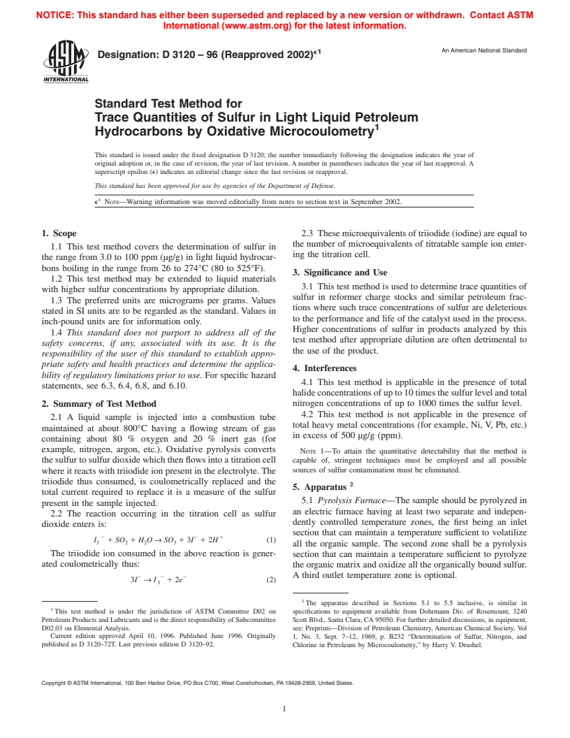 ASTM D3120-96(2002)e1 - Standard Test Method for Trace Quantities of Sulfur in Light Liquid Petroleum Hydrocarbons by Oxidative Microcoulometry