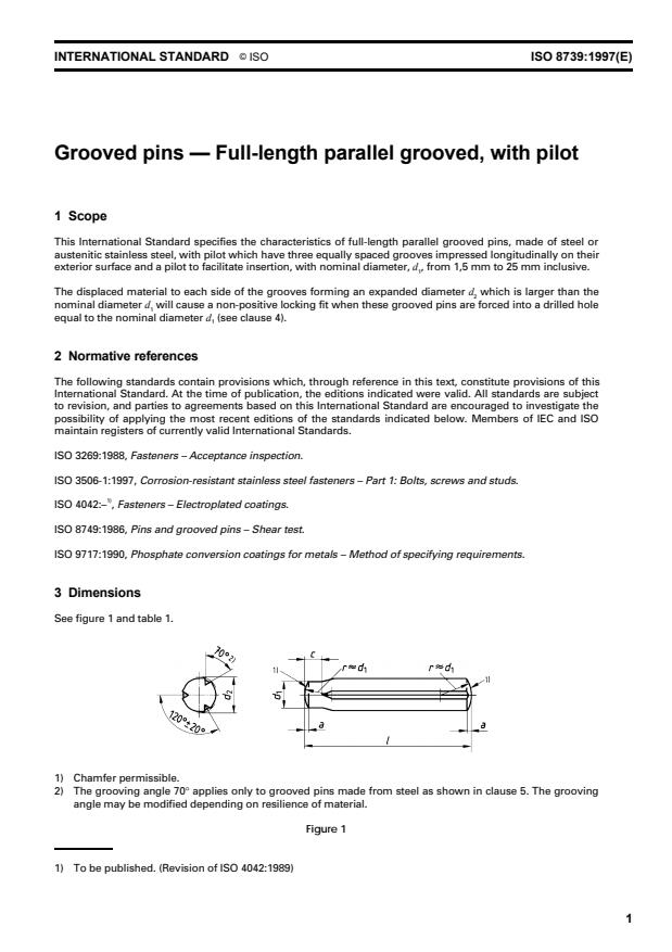 ISO 8739:1997 - Grooved pins -- Full-length parallel grooved, with pilot