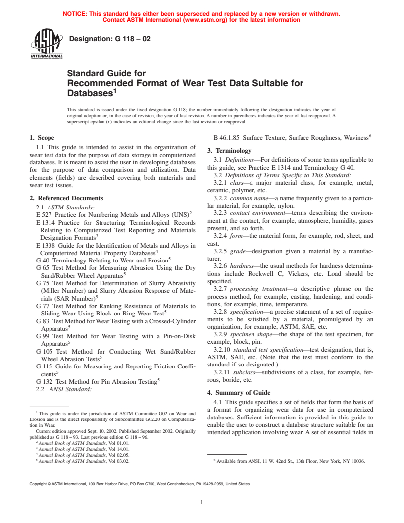 ASTM G118-02 - Standard Guide for Recommended Format of Wear Test Data Suitable for Databases