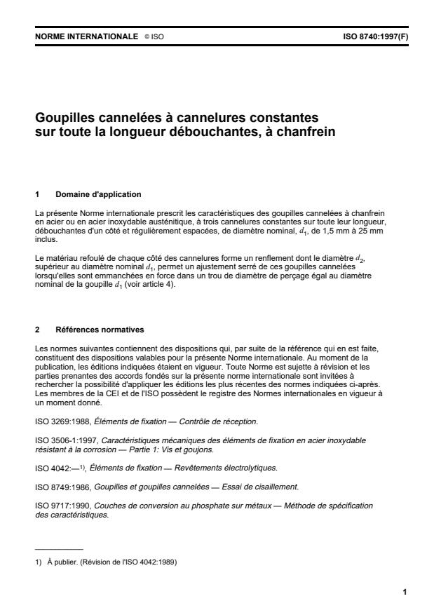 ISO 8740:1997 - Goupilles cannelées a cannelures constantes sur toute la longueur débouchantes, a chanfrein