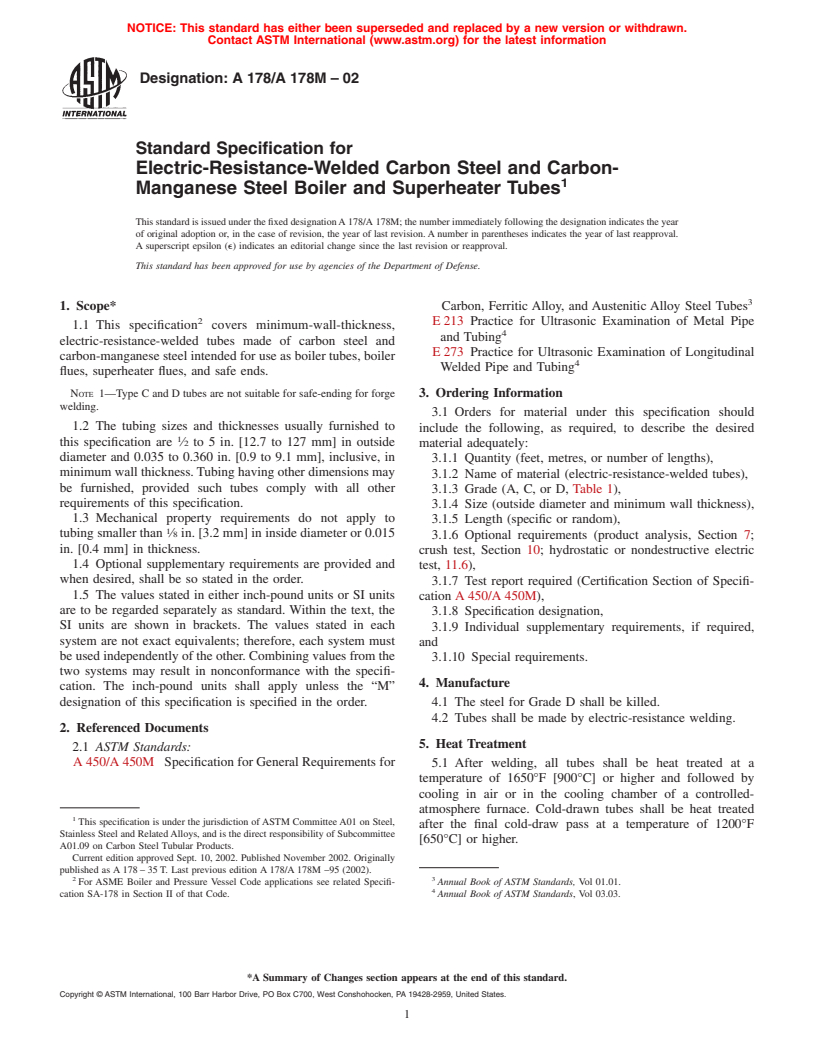 ASTM A178/A178M-02 - Standard Specification for Electric-Resistance-Welded Carbon Steel and Carbon-Manganese Steel Boiler and Superheater Tubes