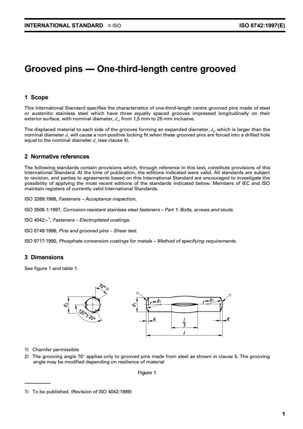 ISO 8742:1997 - Grooved pins -- One-third-length centre grooved