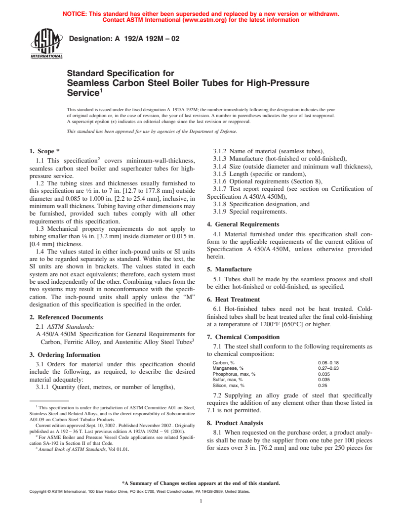 ASTM A192/A192M-02 - Standard Specification for Seamless Carbon Steel Boiler Tubes for High-Pressure Service