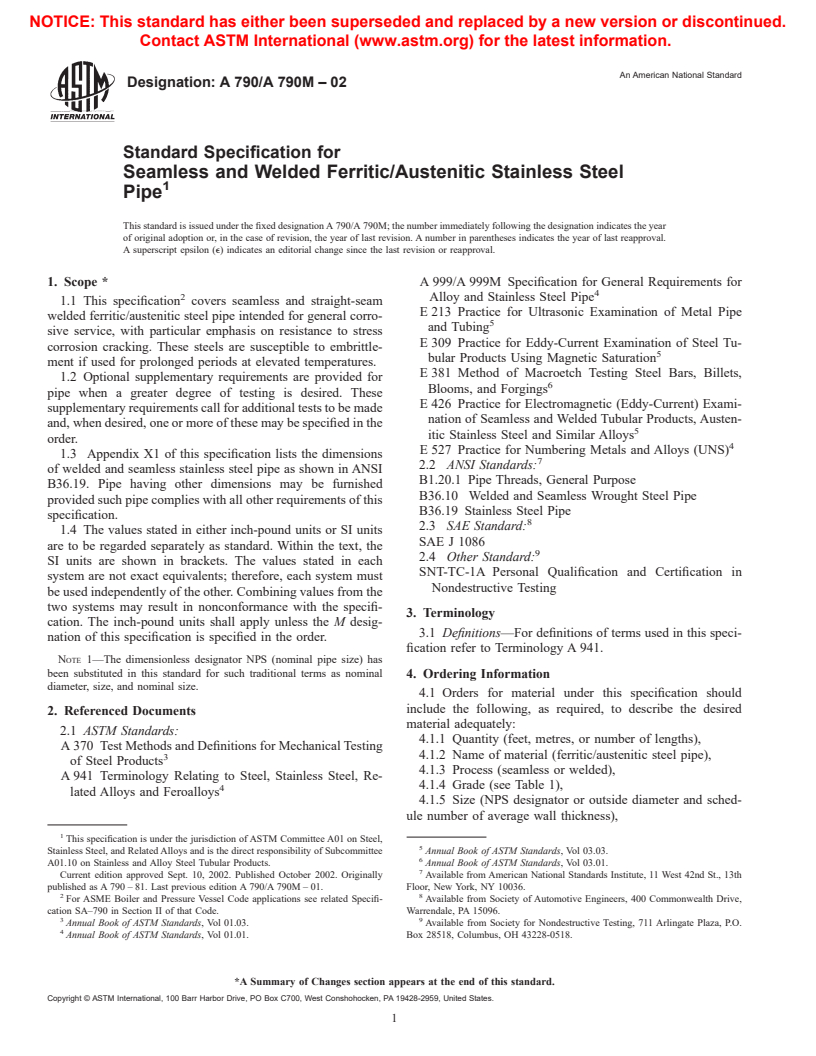 ASTM A790/A790M-02 - Standard Specification for Seamless and Welded Ferritic/Austenitic Stainless Steel Pipe