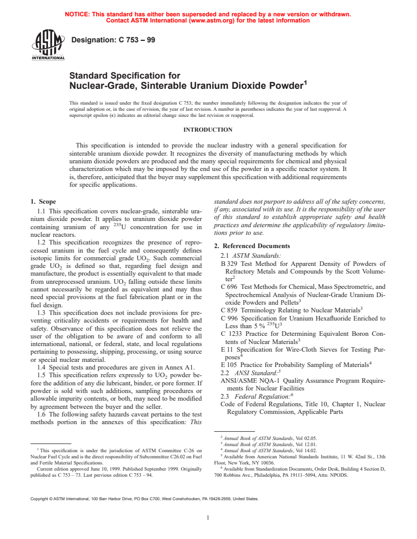 ASTM C753-99 - Standard Specification for Nuclear-Grade, Sinterable Uranium Dioxide Powder