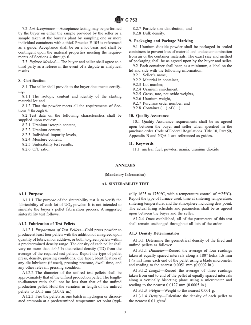 ASTM C753-99 - Standard Specification for Nuclear-Grade, Sinterable Uranium Dioxide Powder