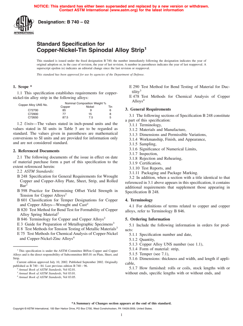 ASTM B740-02 - Standard Specification for Copper-Nickel-Tin Spinodal Alloy Strip