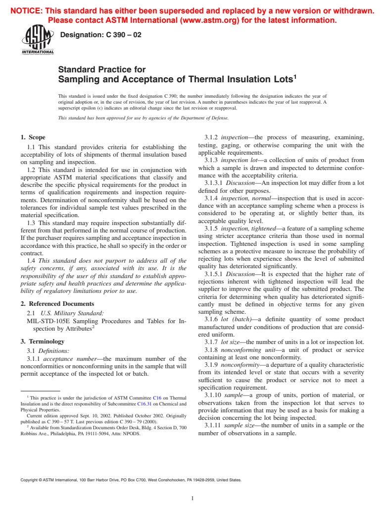ASTM C390-02 - Standard Practice for Sampling and Acceptance of Thermal Insulation Lots