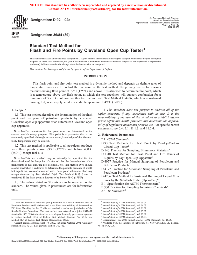 ASTM D92-02a - Standard Test Method for Flash and Fire Points by Cleveland Open Cup Tester