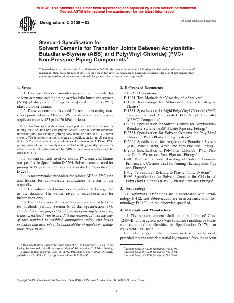 ASTM D3138-02 - Standard Specification for Solvent Cements for Transition Joints Between Acrylonitrile-Butadiene-Styrene (ABS) and Poly(Vinyl Chloride) (PVC) Non-Pressure Piping Components