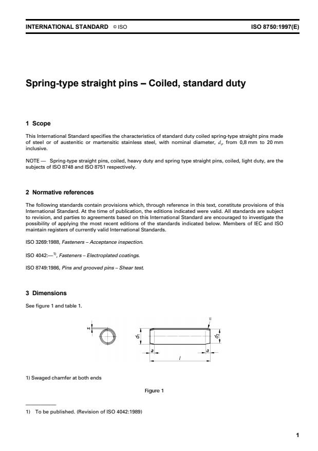 ISO 8750:1997 - Spring-type straight pins -- Coiled, standard duty