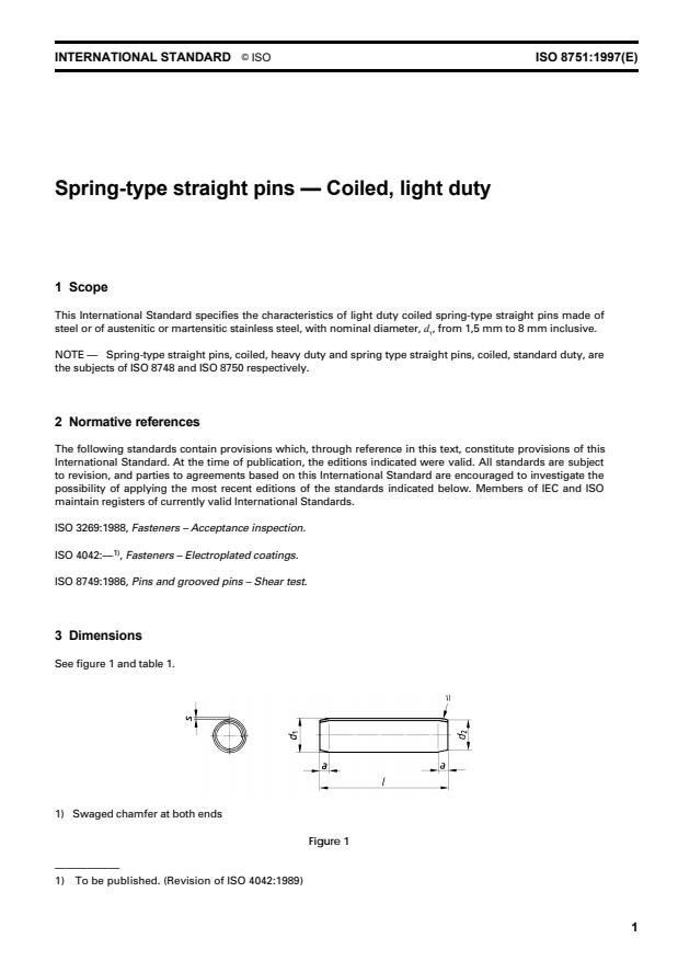 ISO 8751:1997 - Spring-type straight pins -- Coiled, light duty