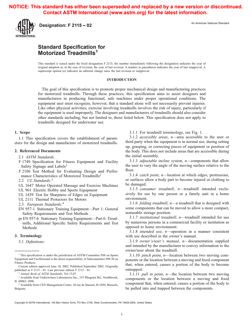 ASTM F2115-02a - Standard Specification for Motorized Treadmills