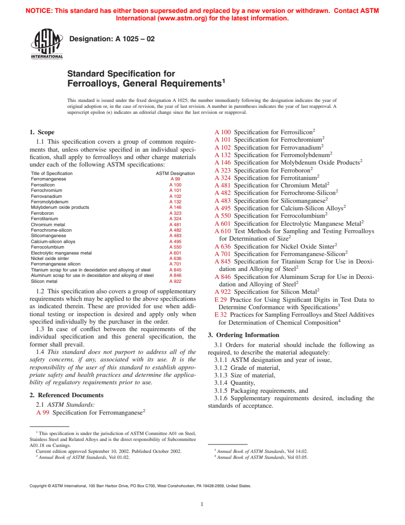 ASTM A1025-02 - Standard Specification for Ferroalloys, General Requirements