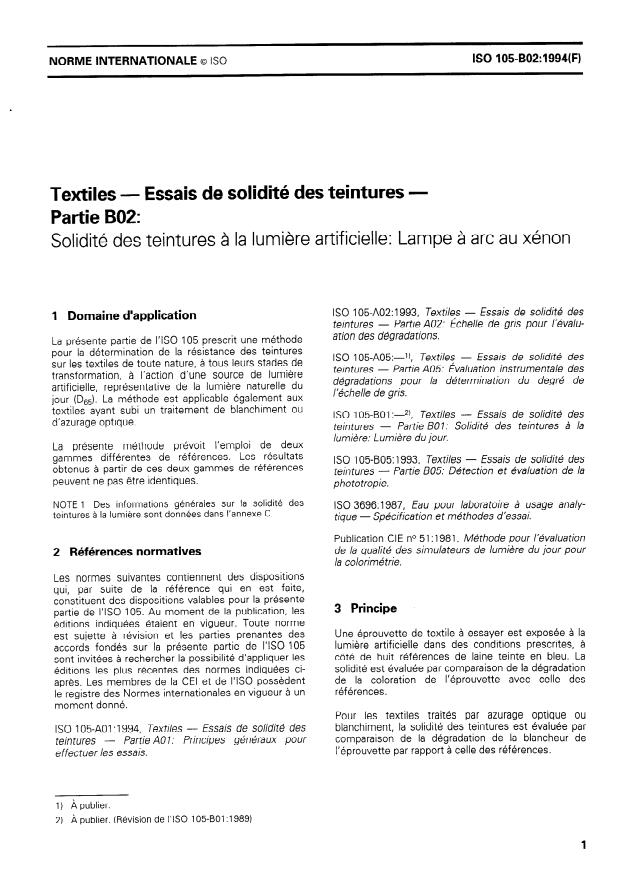ISO 105-B02:1994 - Textiles -- Essais de solidité des teintures