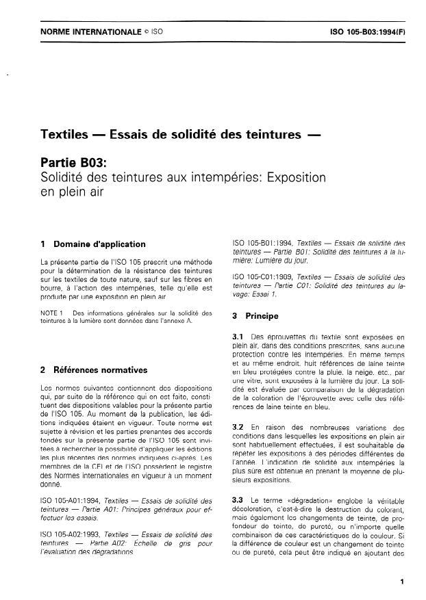 ISO 105-B03:1994 - Textiles -- Essais de solidité des teintures
