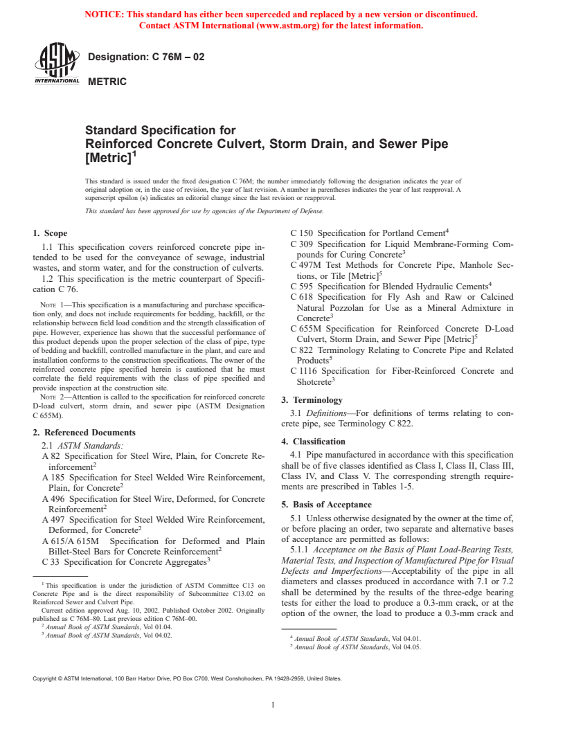 ASTM C76M-02 - Standard Specification for Reinforced Concrete Culvert, Storm Drain, and Sewer Pipe (Metric)