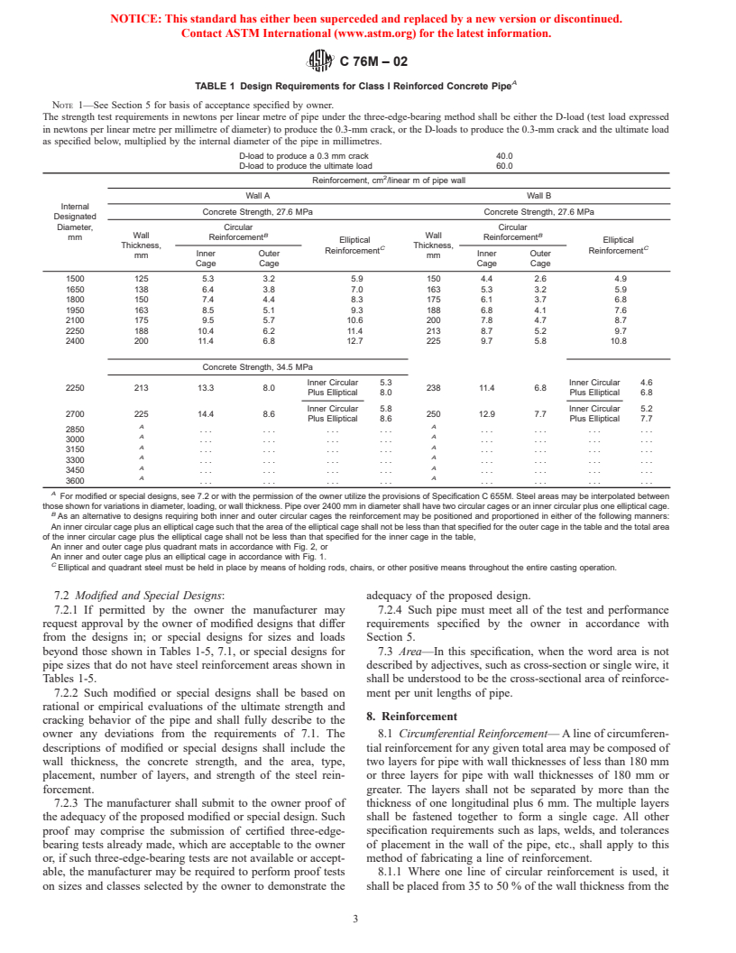 ASTM C76M-02 - Standard Specification for Reinforced Concrete Culvert, Storm Drain, and Sewer Pipe (Metric)