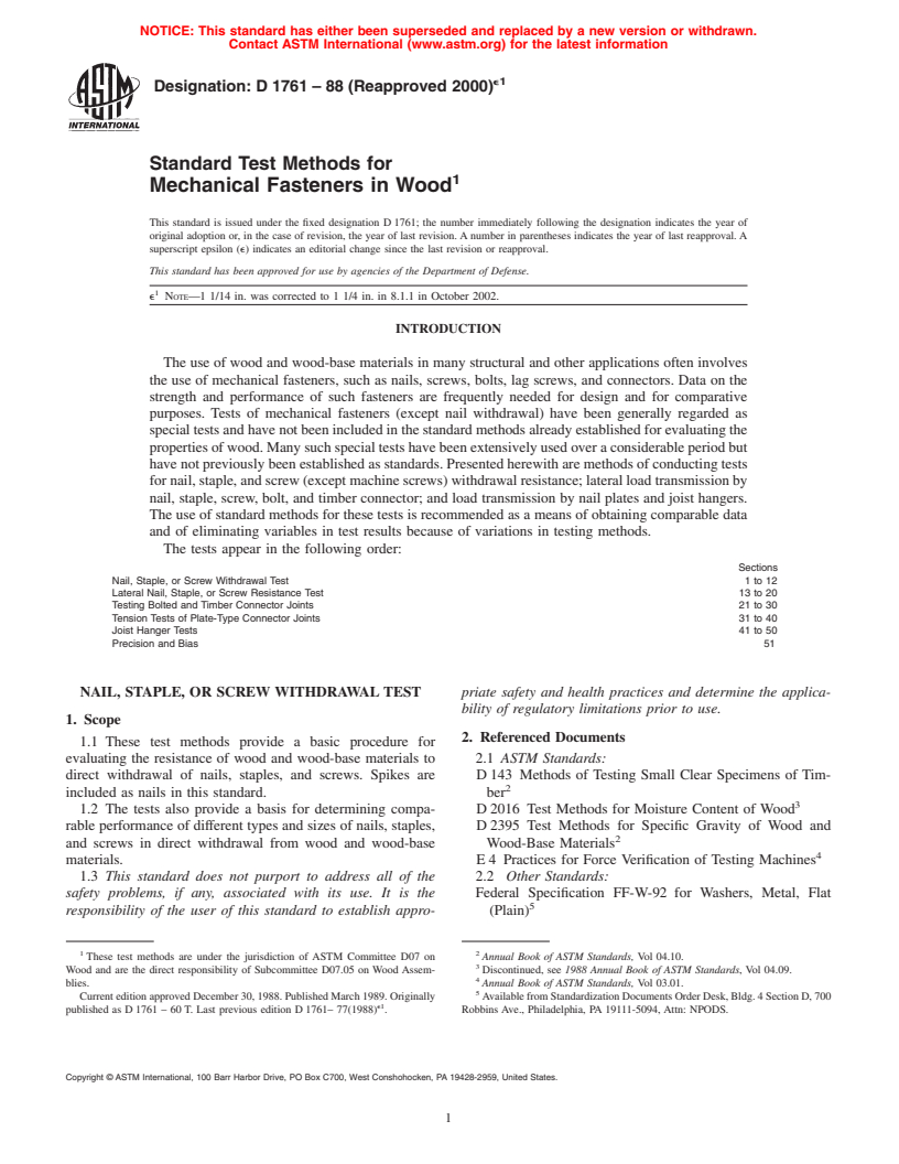 ASTM D1761-88(2000)e1 - Standard Test Methods for Mechanical Fasteners in Wood